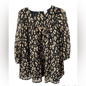 Toddler Girl Formal Leopard Print Ruffle sheer long sleeve dress black and tan